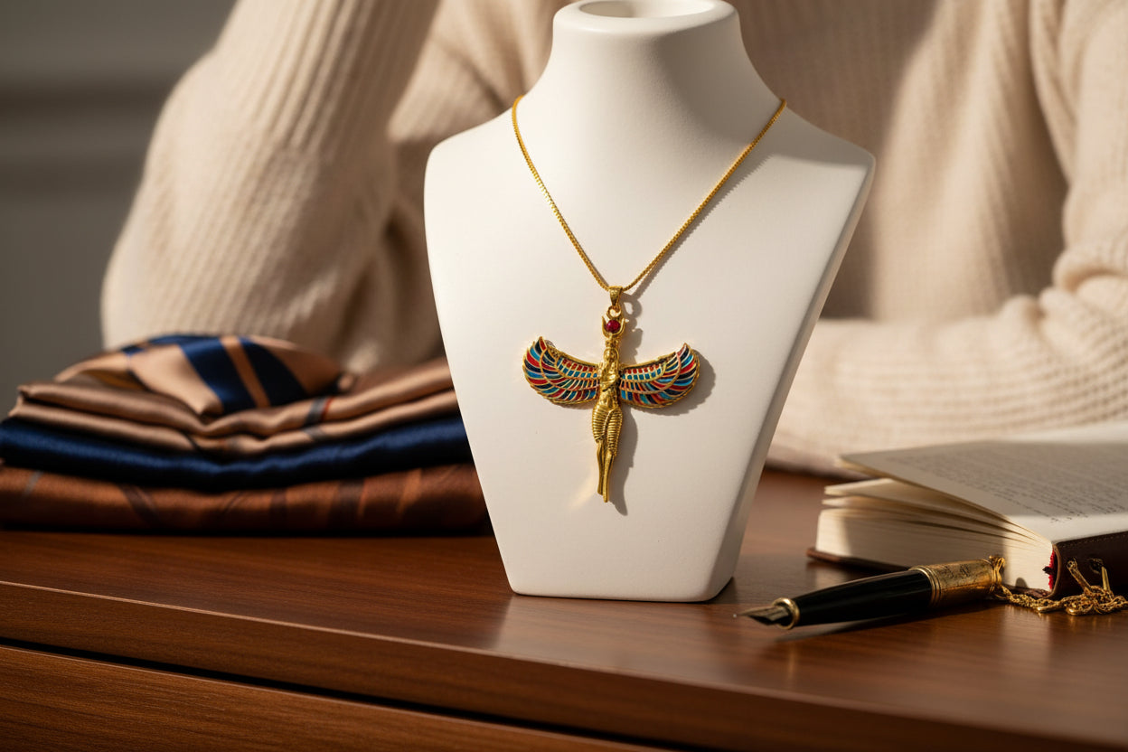 Large Gold Winged Goddess Isis Pendant Necklace