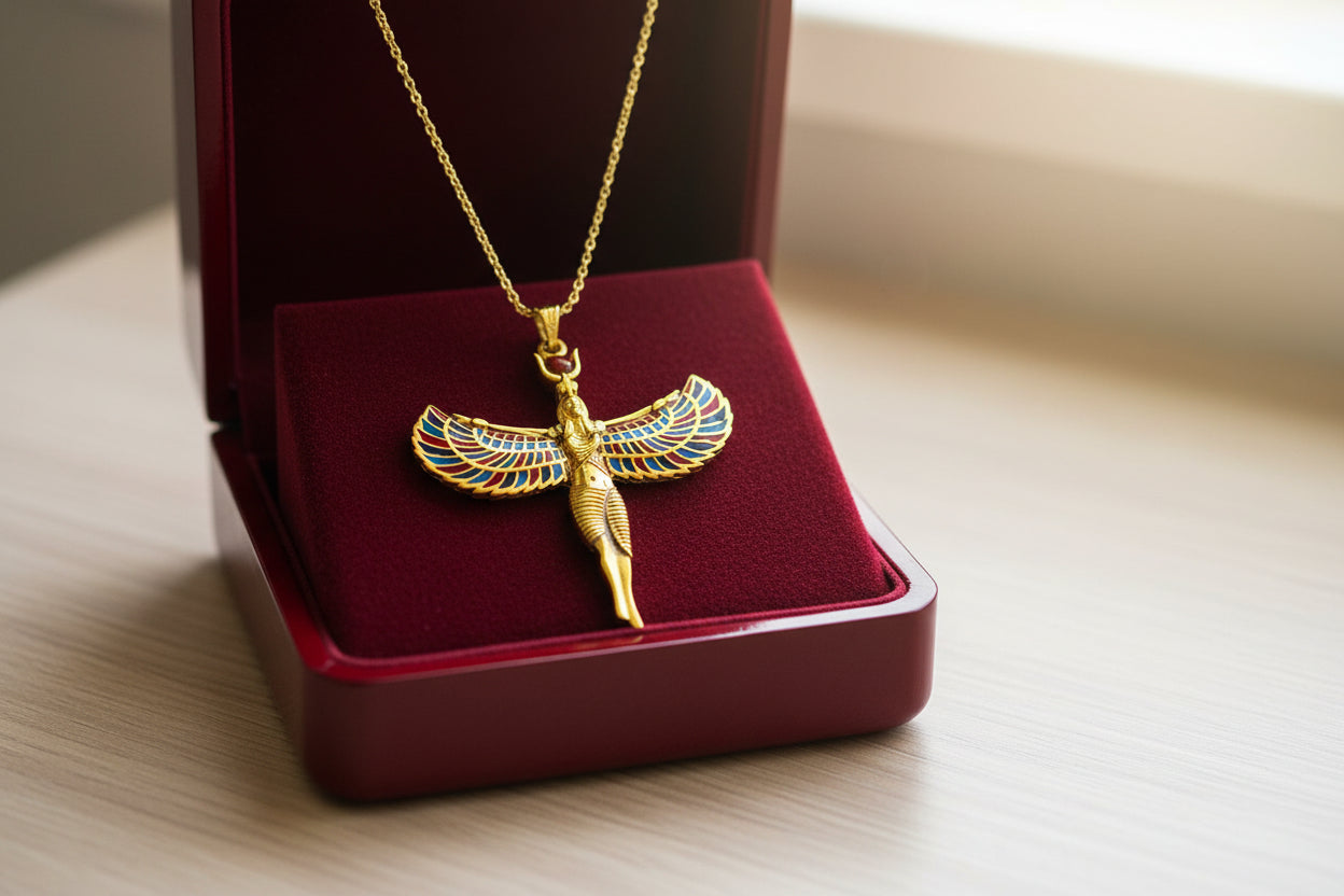 Large Gold Winged Goddess Isis Pendant Necklace
