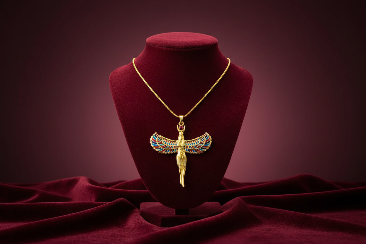 Large Gold Winged Goddess Isis Pendant Necklace
