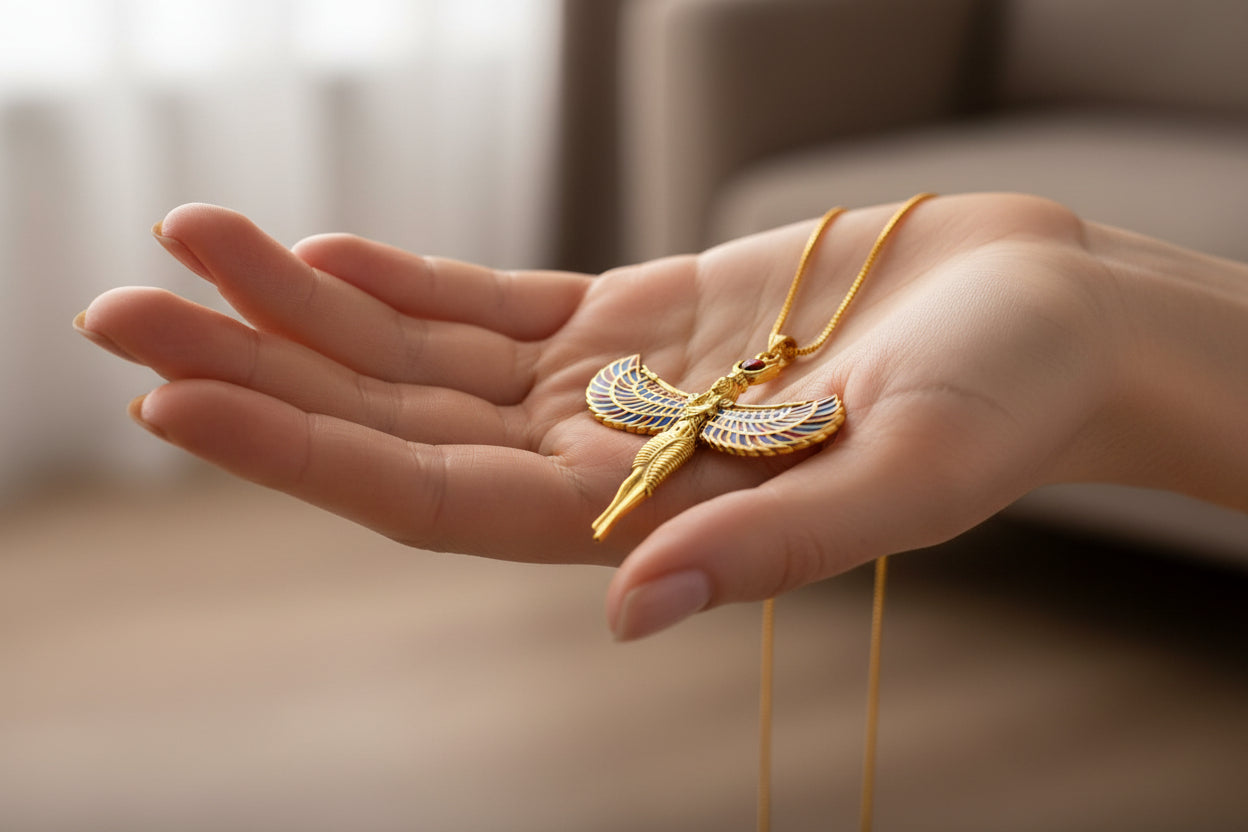 Large Gold Winged Goddess Isis Pendant Necklace