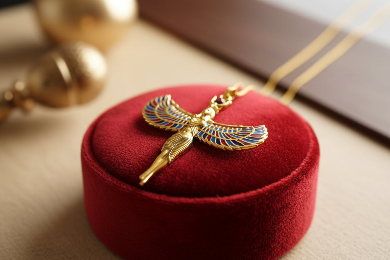 Large Gold Winged Goddess Isis Pendant Necklace