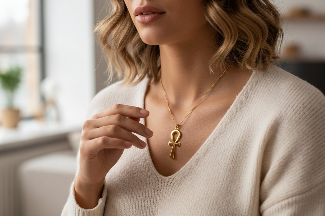 Gold Ankh Pendant, Egyptian Key of Life Talisman Necklace