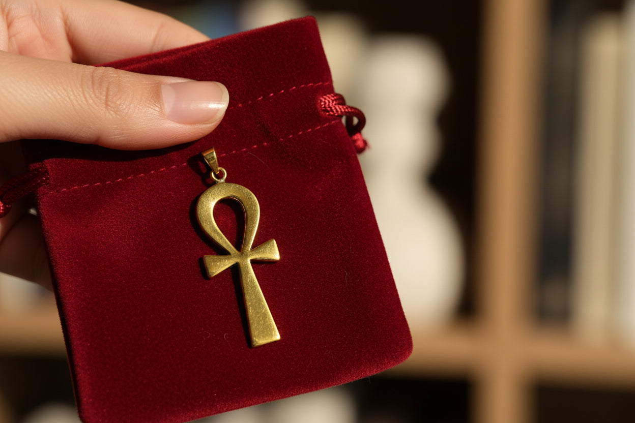 Gold Ankh Pendant, Egyptian Key of Life Talisman Necklace