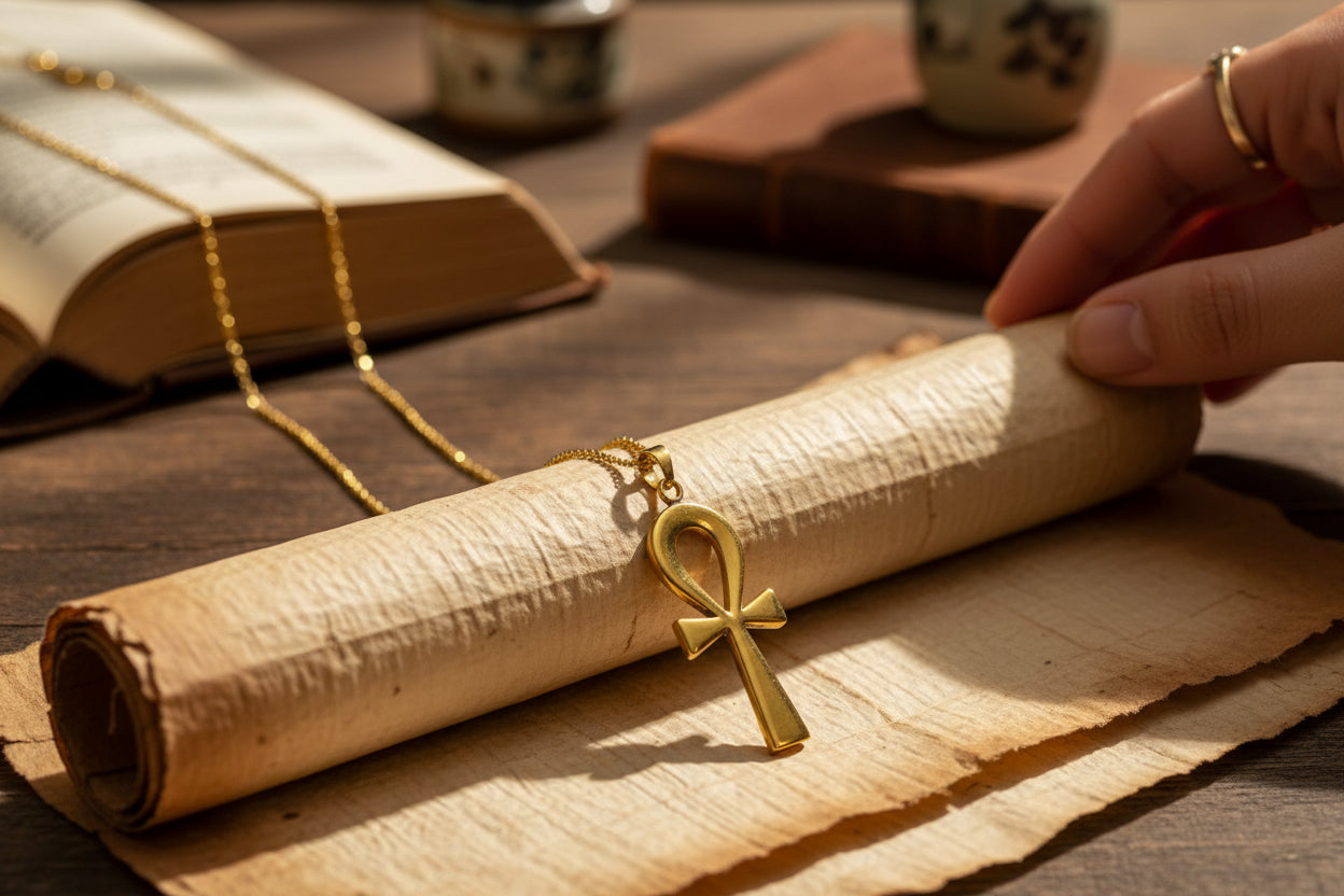 Gold Ankh Pendant, Egyptian Key of Life Talisman Necklace