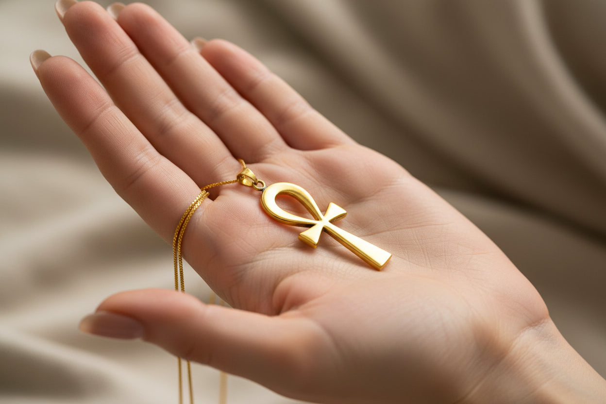 Gold Ankh Pendant, Egyptian Key of Life Talisman Necklace