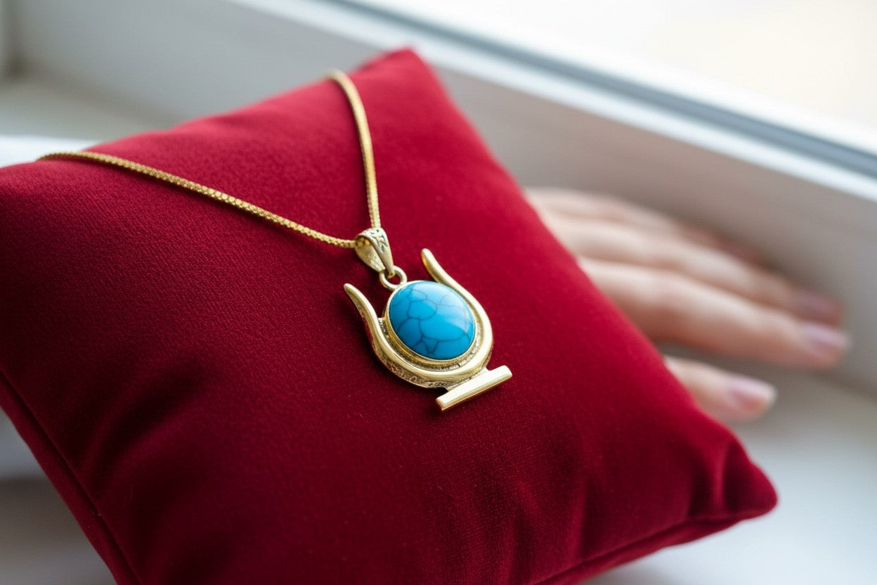Gold Hathor Turquoise Crown Horns Necklace, Egyptian Goddess Jewelry, Ancient Egypt Pendant, Spiritual Talisman Gift for Her