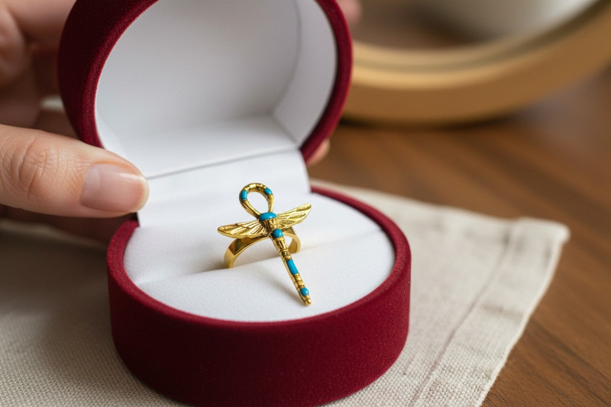 Gold Winged Ankh Ring, Ancient Egyptian Key Of Life Jewelry, Turquoise Statement Ring, Spiritual Talisman Gift For Her Him