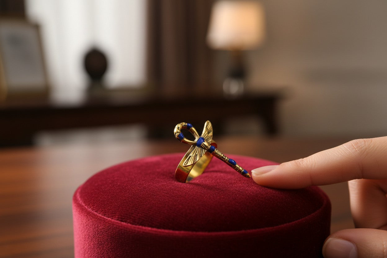 Gold Winged Ankh Ring, Lapis Lazuli Egyptian Jewelry, Key of Life Statement Ring