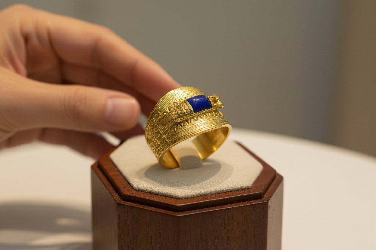 Gold Ramses Duck Ring, Ancient Egyptian Inspired Cuff Jewelry, Lapis Lazuli Statement Ring