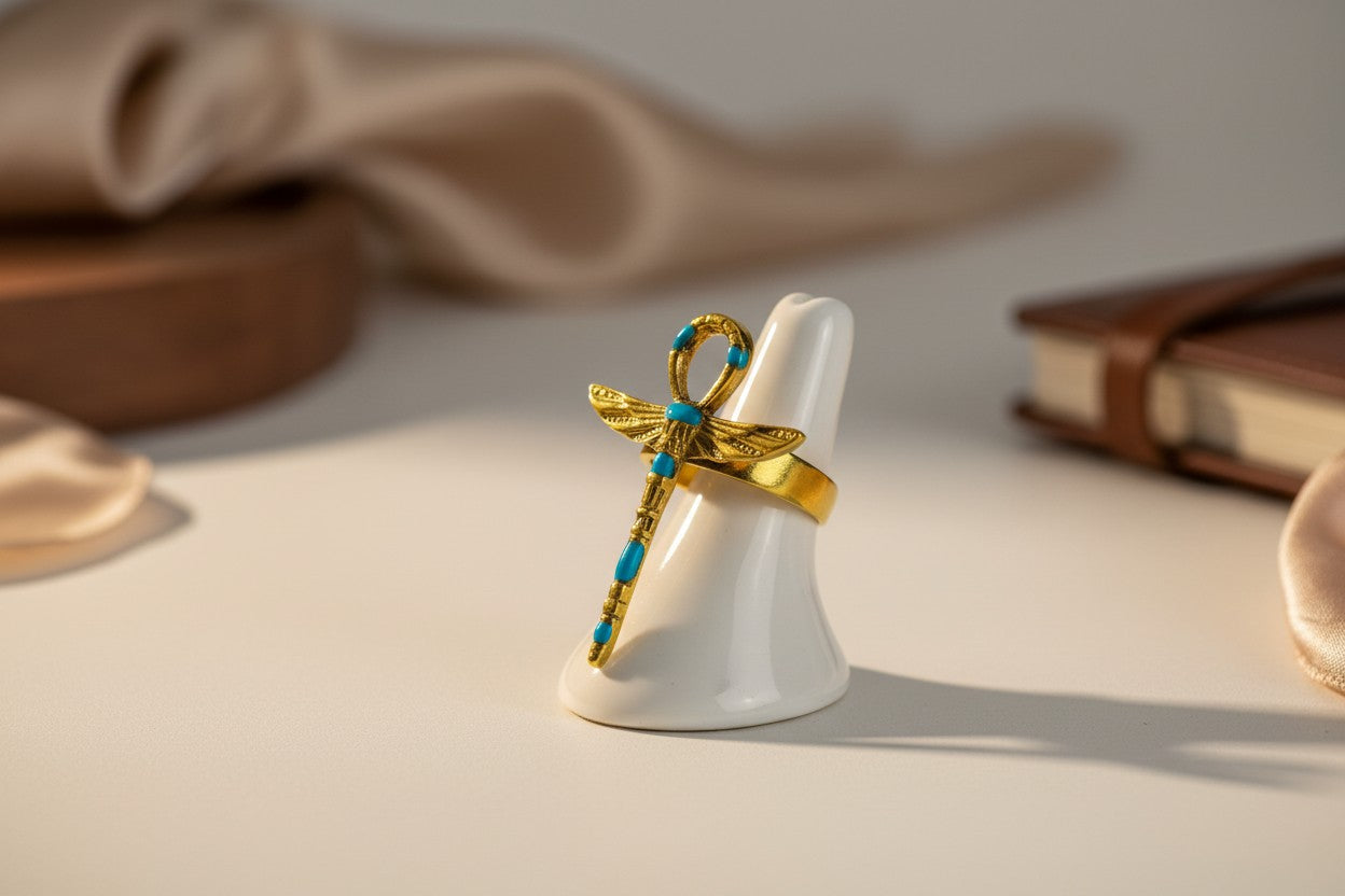 Gold Winged Ankh Ring, Ancient Egyptian Key Of Life Jewelry, Turquoise Statement Ring, Spiritual Talisman Gift For Her Him