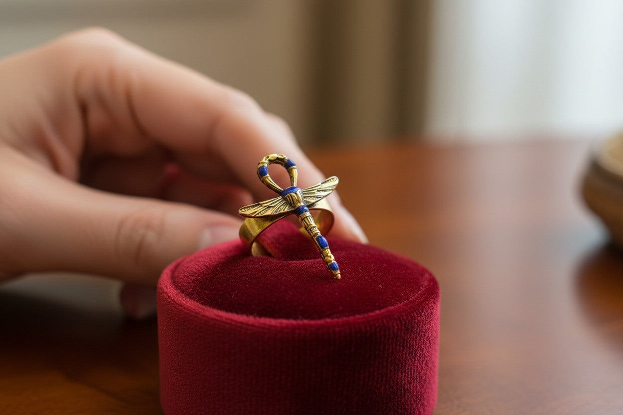 Gold Winged Ankh Ring, Lapis Lazuli Egyptian Jewelry, Key of Life Statement Ring