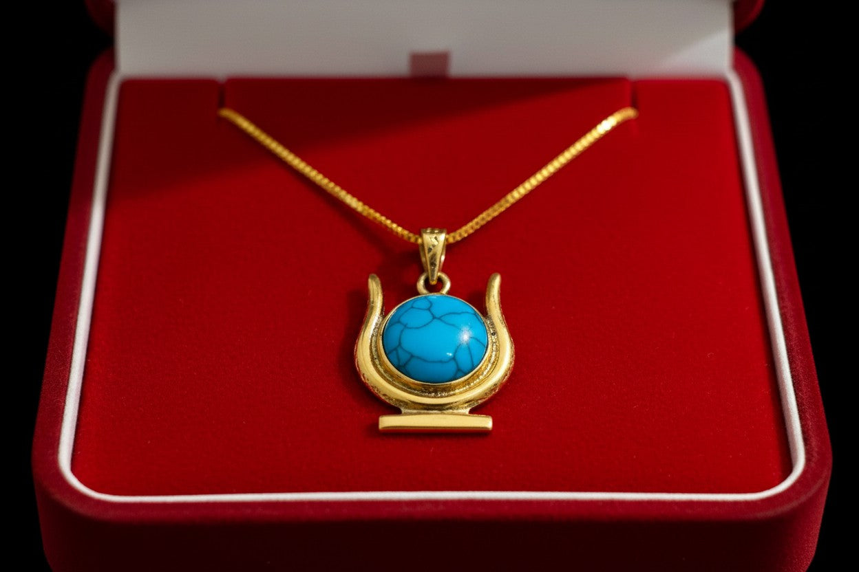 Gold Hathor Turquoise Crown Horns Necklace, Egyptian Goddess Jewelry, Ancient Egypt Pendant, Spiritual Talisman Gift for Her