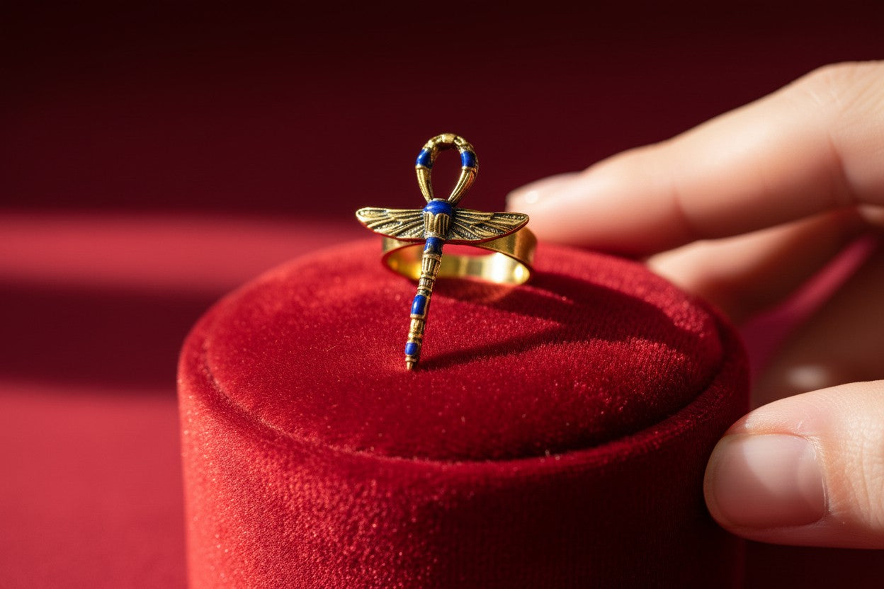 Gold Winged Ankh Ring, Lapis Lazuli Egyptian Jewelry, Key of Life Statement Ring