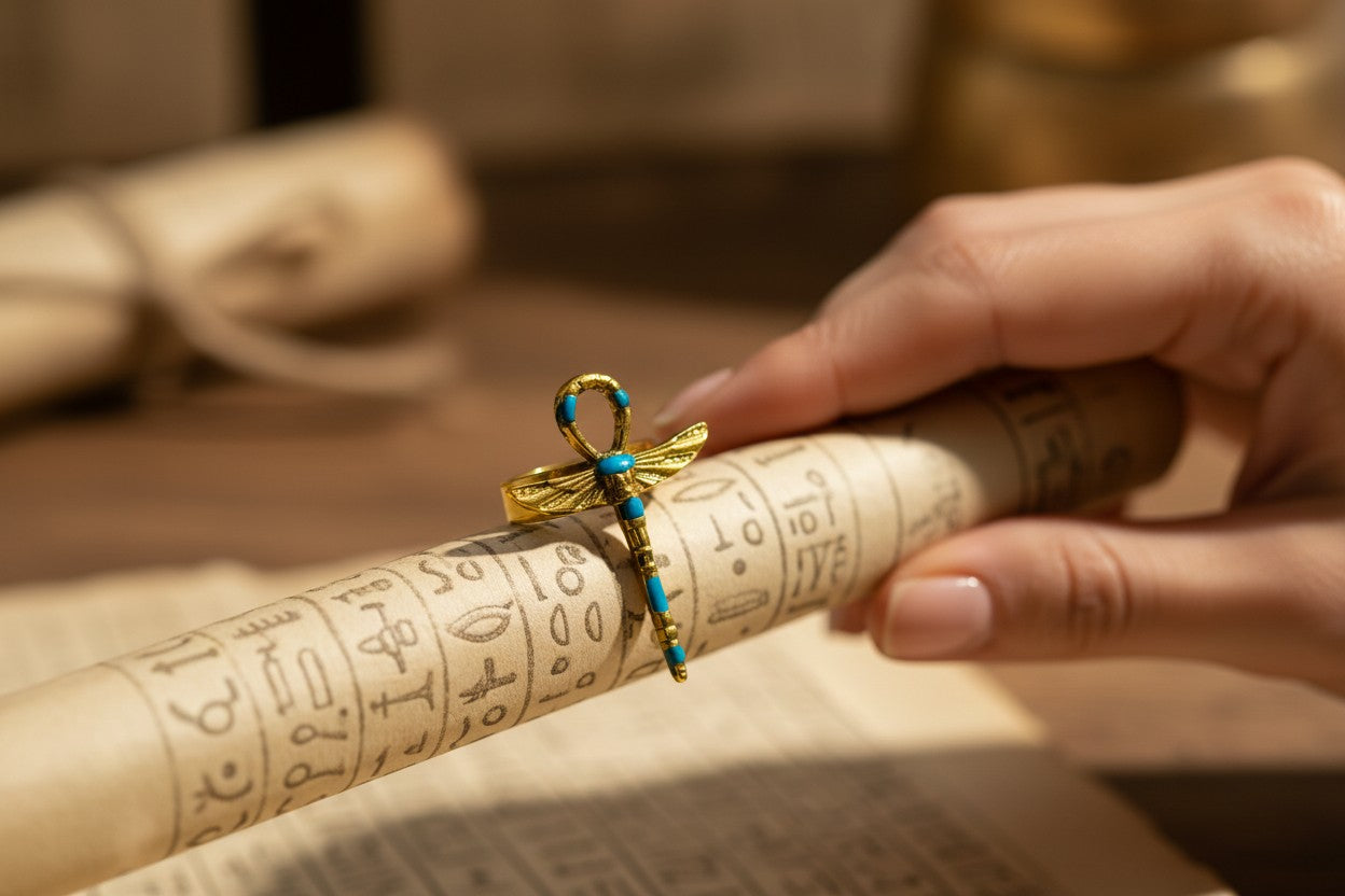 Gold Winged Ankh Ring, Ancient Egyptian Key Of Life Jewelry, Turquoise Statement Ring, Spiritual Talisman Gift For Her Him