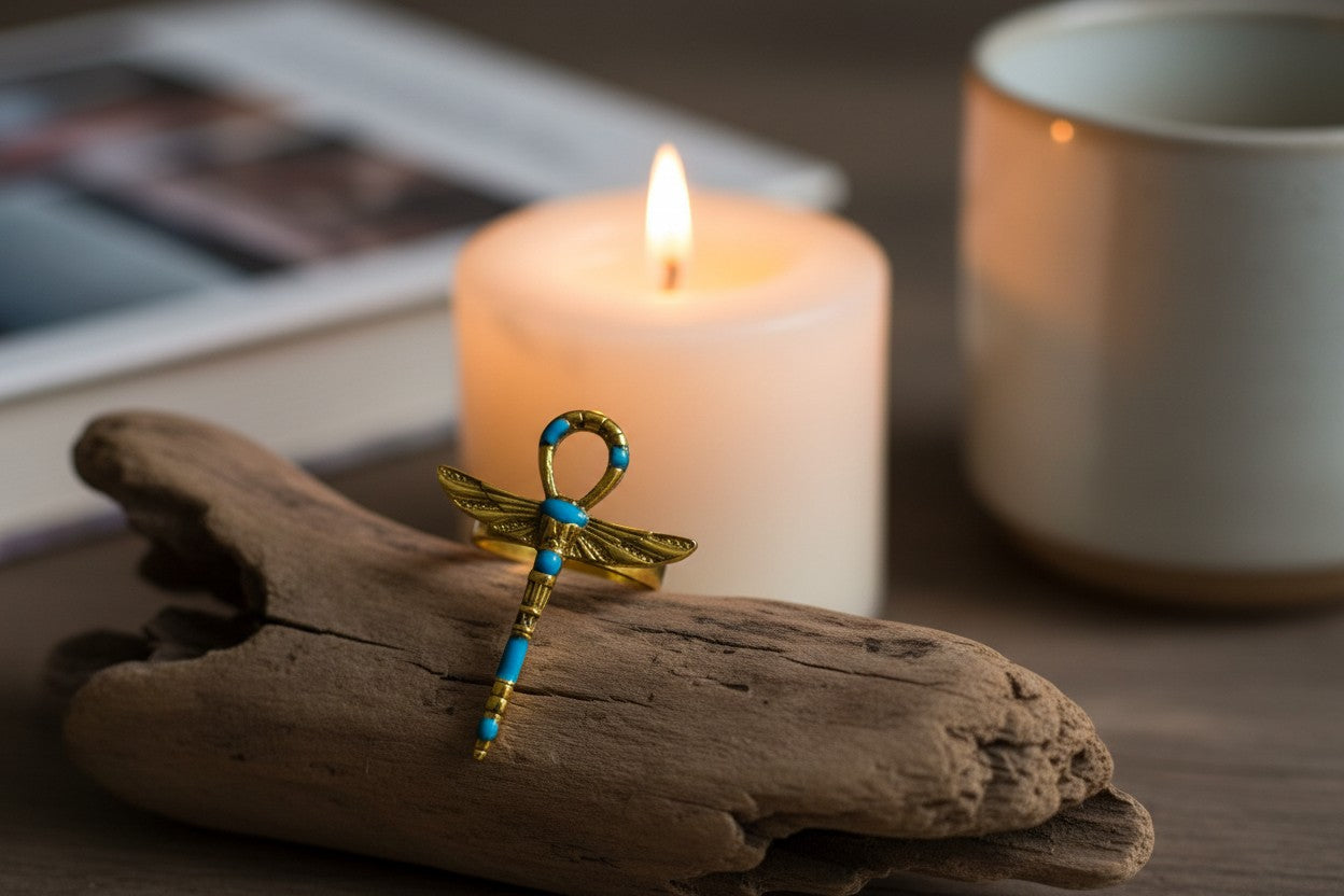 Gold Winged Ankh Ring, Ancient Egyptian Key Of Life Jewelry, Turquoise Statement Ring, Spiritual Talisman Gift For Her Him