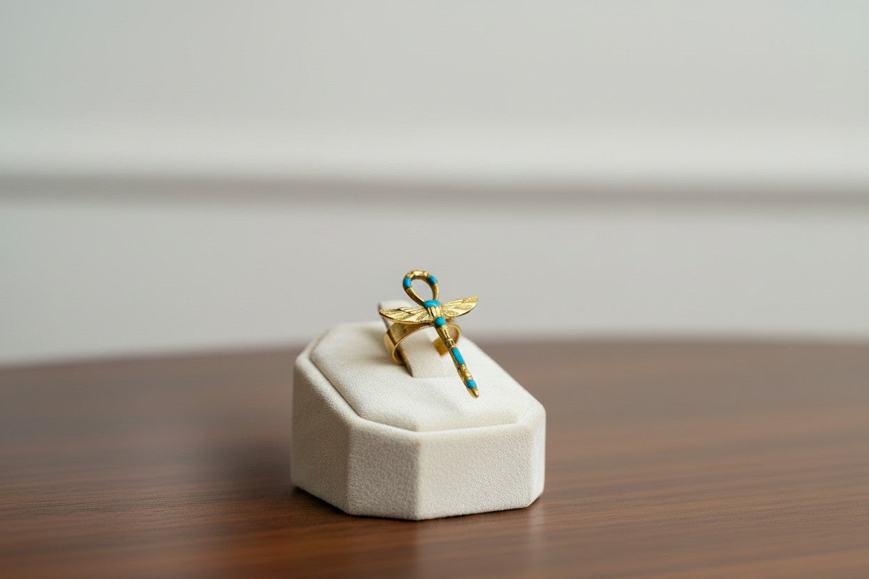 Gold Winged Ankh Ring, Ancient Egyptian Key Of Life Jewelry, Turquoise Statement Ring, Spiritual Talisman Gift For Her Him