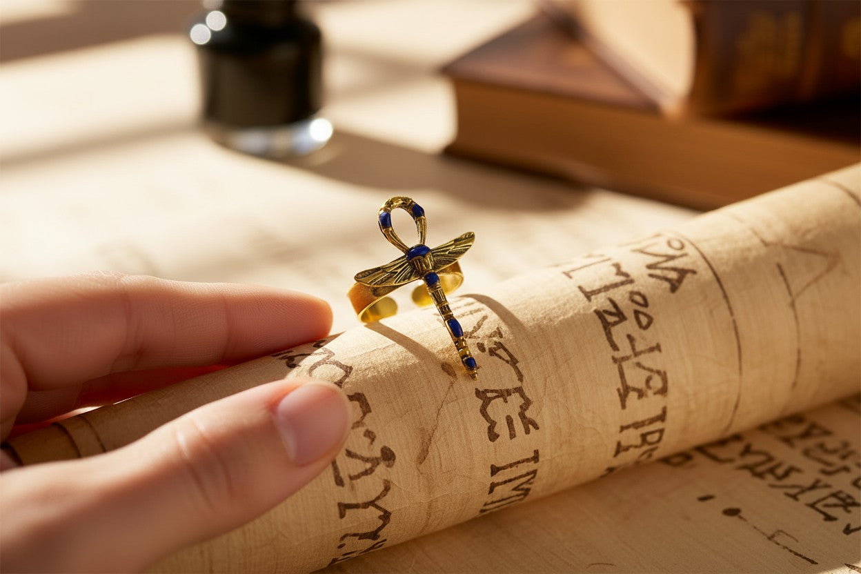 Gold Winged Ankh Ring, Lapis Lazuli Egyptian Jewelry, Key of Life Statement Ring