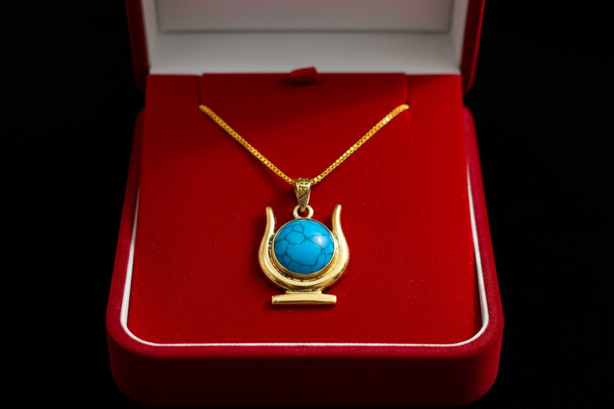 Gold Hathor Turquoise Crown Horns Necklace, Egyptian Goddess Jewelry, Ancient Egypt Pendant, Spiritual Talisman Gift for Her