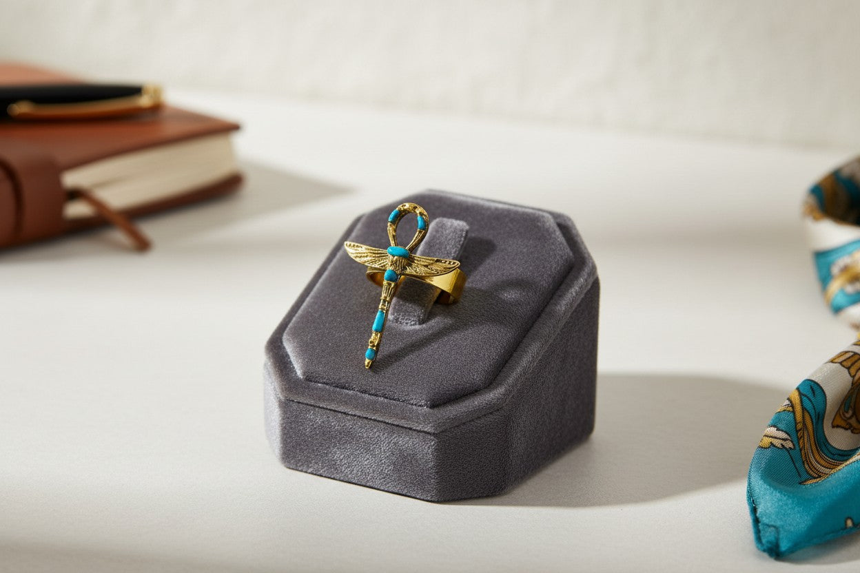 Gold Winged Ankh Ring, Ancient Egyptian Key Of Life Jewelry, Turquoise Statement Ring, Spiritual Talisman Gift For Her Him