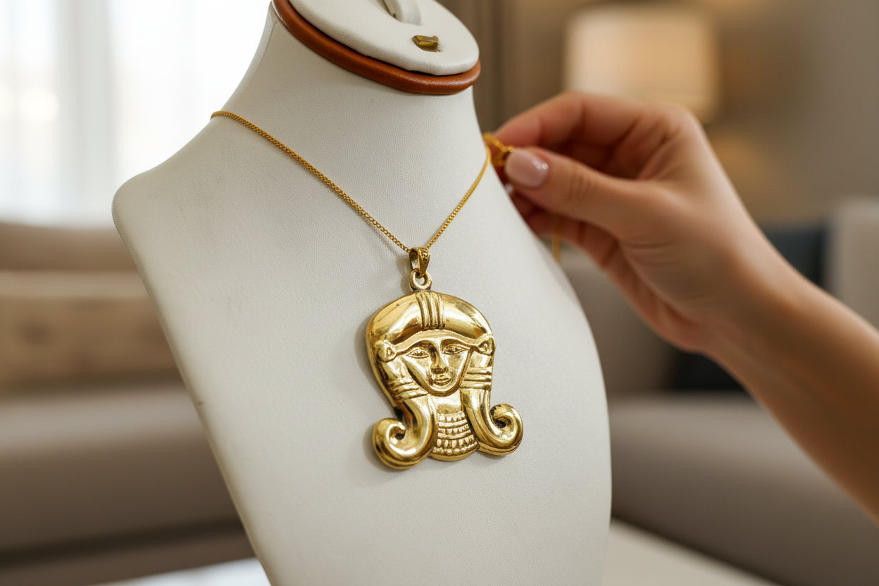Gold Goddess Hathor Pendant, Large Egyptian Goddess Necklace