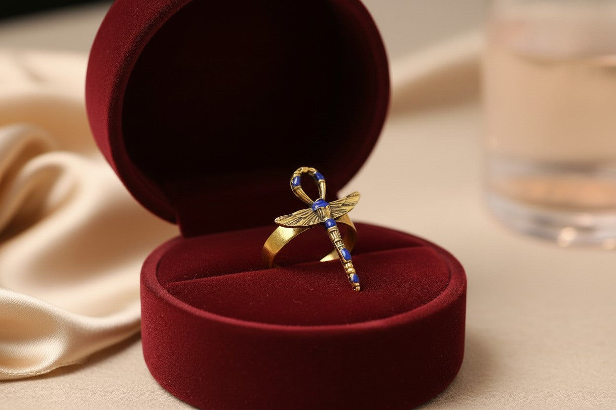 Gold Winged Ankh Ring, Lapis Lazuli Egyptian Jewelry, Key of Life Statement Ring