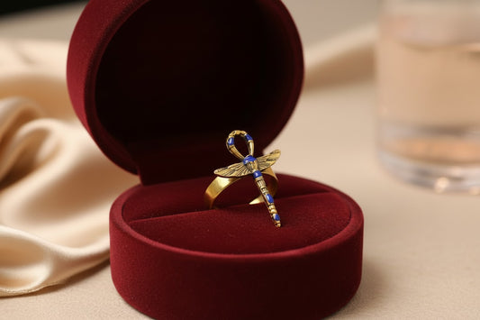 Gold Winged Ankh Ring, Lapis Lazuli Egyptian Jewelry, Key of Life Statement Ring