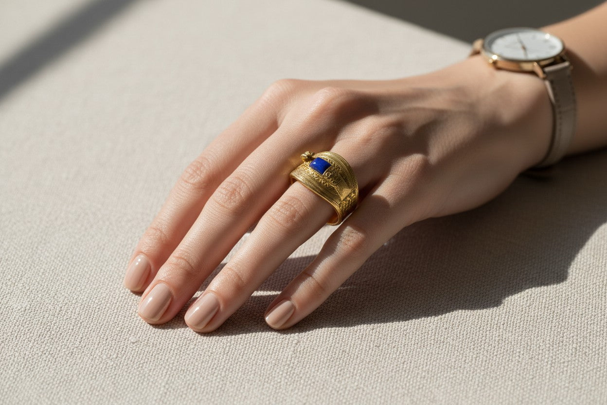 Gold Ramses Duck Ring, Ancient Egyptian Inspired Cuff Jewelry, Lapis Lazuli Statement Ring