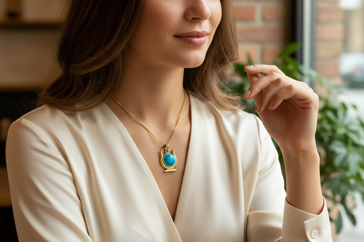 Gold Hathor Turquoise Crown Horns Necklace, Egyptian Goddess Jewelry, Ancient Egypt Pendant, Spiritual Talisman Gift for Her