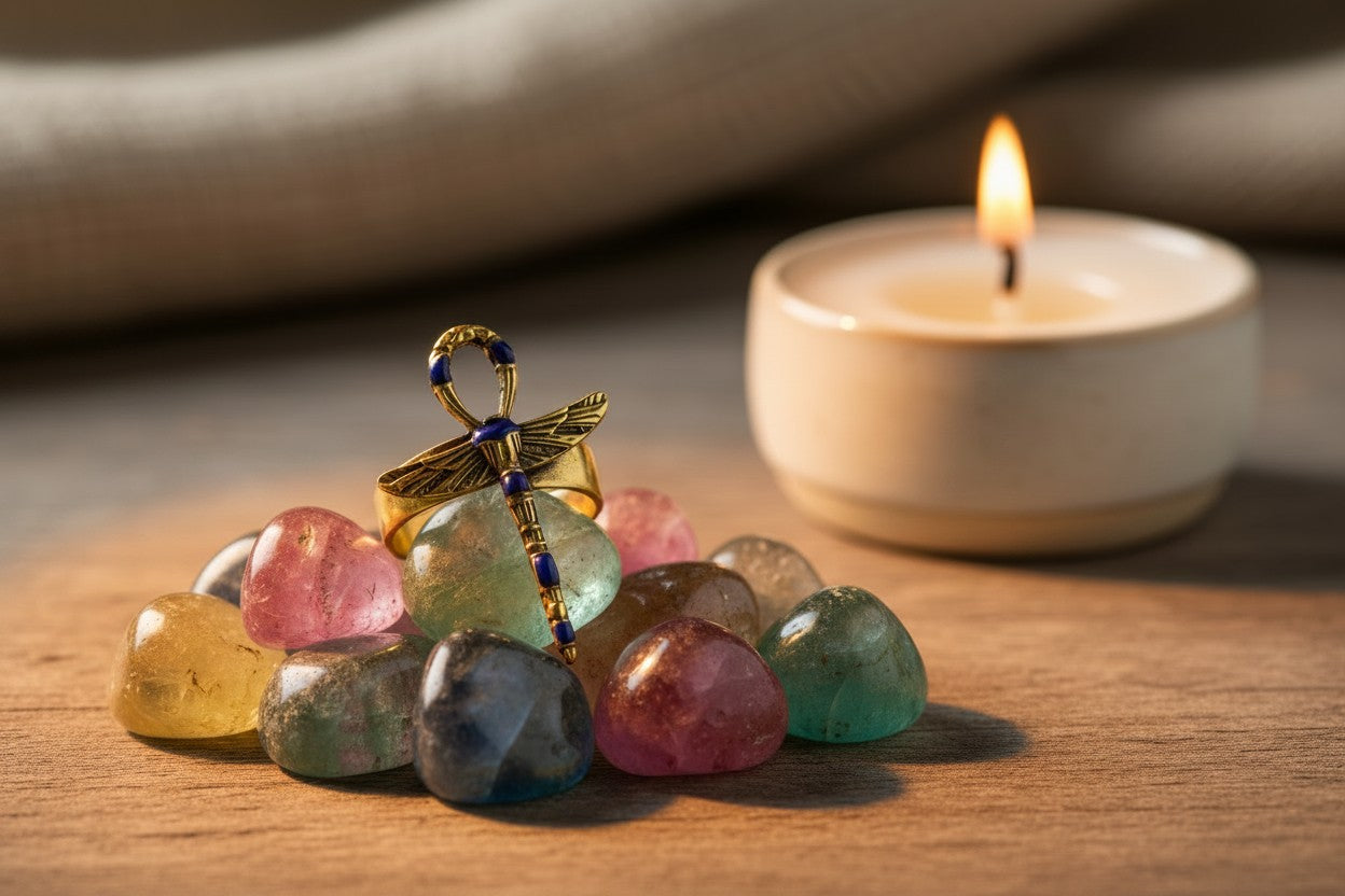 Gold Winged Ankh Ring, Lapis Lazuli Egyptian Jewelry, Key of Life Statement Ring