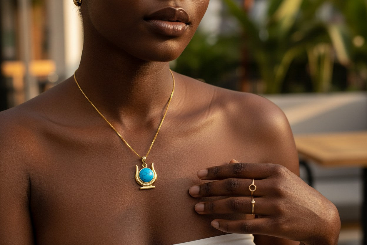Gold Hathor Turquoise Crown Horns Necklace, Egyptian Goddess Jewelry, Ancient Egypt Pendant, Spiritual Talisman Gift for Her