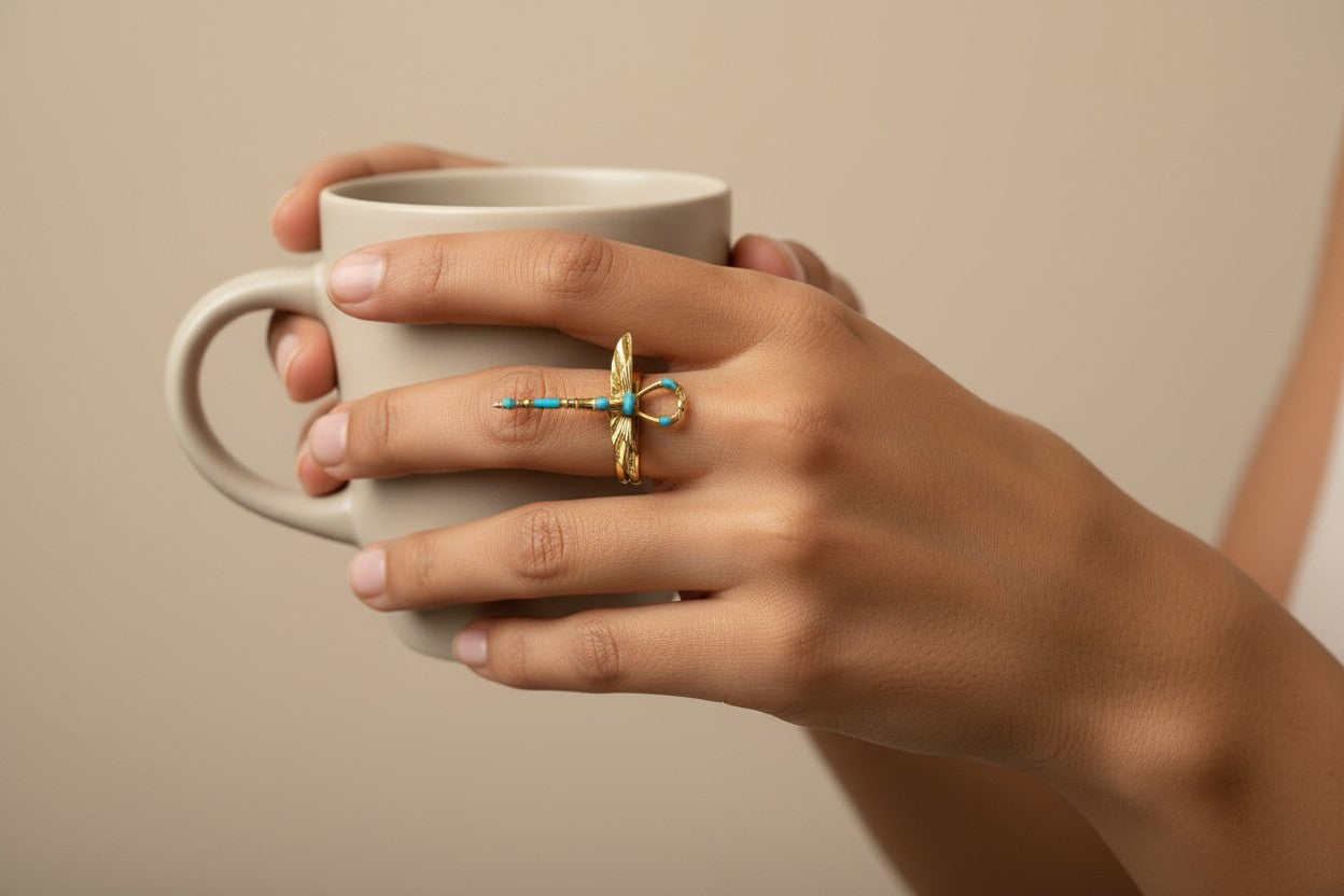 Gold Winged Ankh Ring, Ancient Egyptian Key Of Life Jewelry, Turquoise Statement Ring, Spiritual Talisman Gift For Her Him