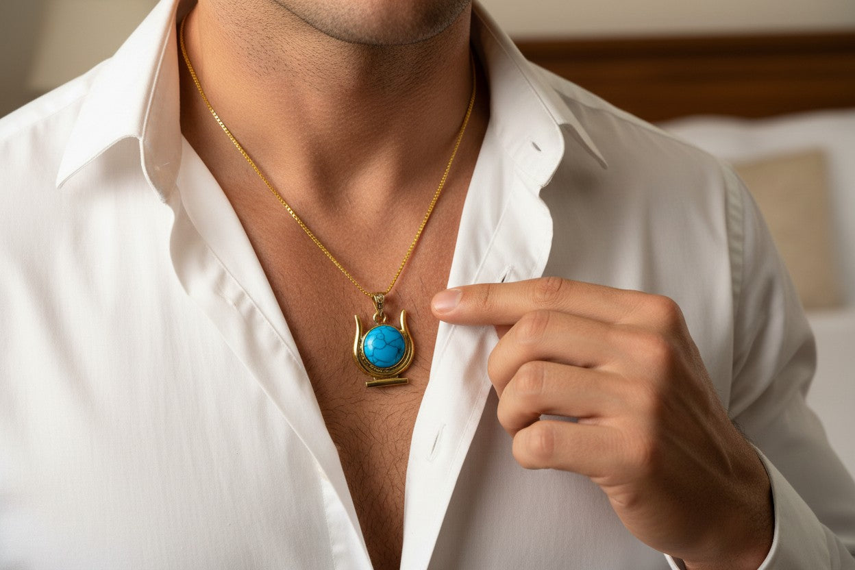 Gold Hathor Turquoise Crown Horns Necklace, Egyptian Goddess Jewelry, Ancient Egypt Pendant, Spiritual Talisman Gift for Her