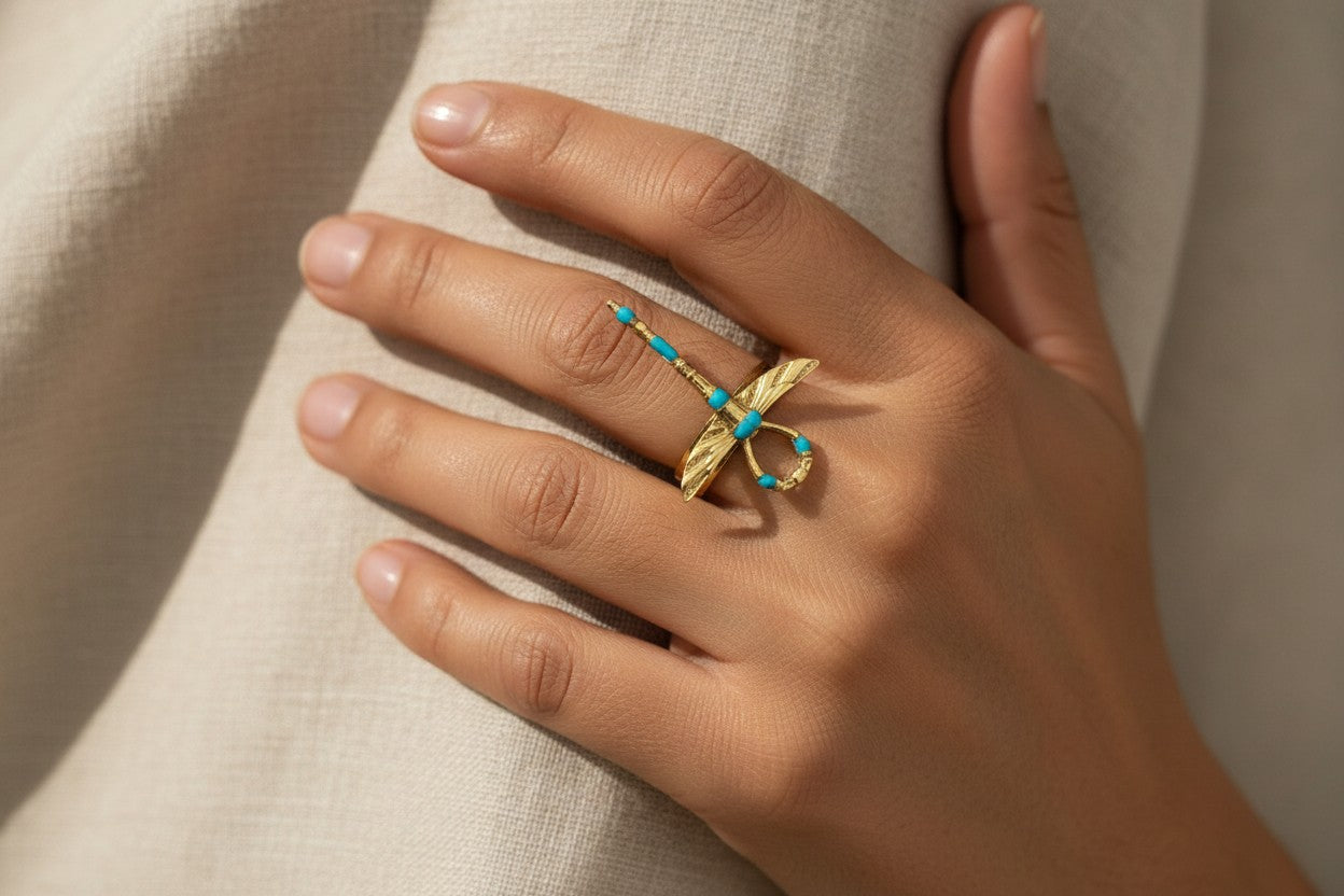 Gold Winged Ankh Ring, Ancient Egyptian Key Of Life Jewelry, Turquoise Statement Ring, Spiritual Talisman Gift For Her Him
