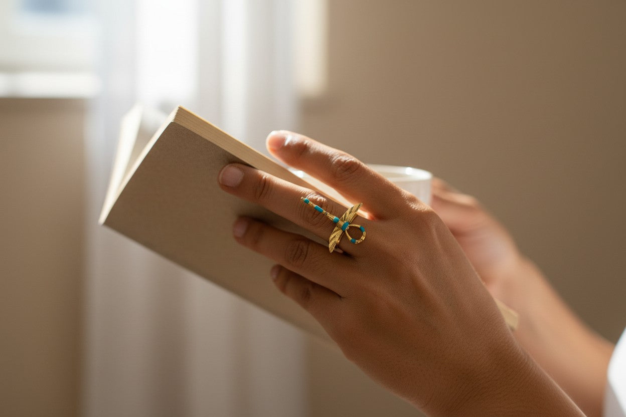 Gold Winged Ankh Ring, Ancient Egyptian Key Of Life Jewelry, Turquoise Statement Ring, Spiritual Talisman Gift For Her Him