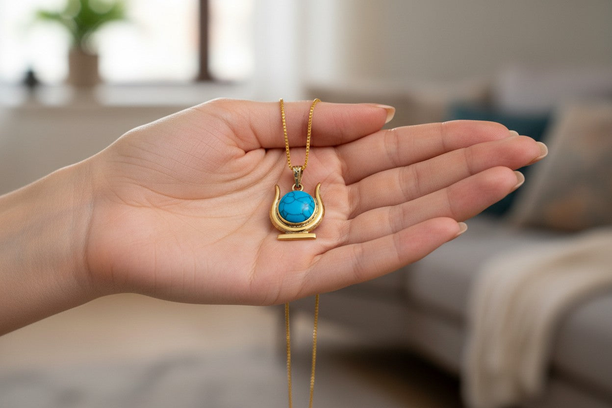 Gold Hathor Turquoise Crown Horns Necklace, Egyptian Goddess Jewelry, Ancient Egypt Pendant, Spiritual Talisman Gift for Her