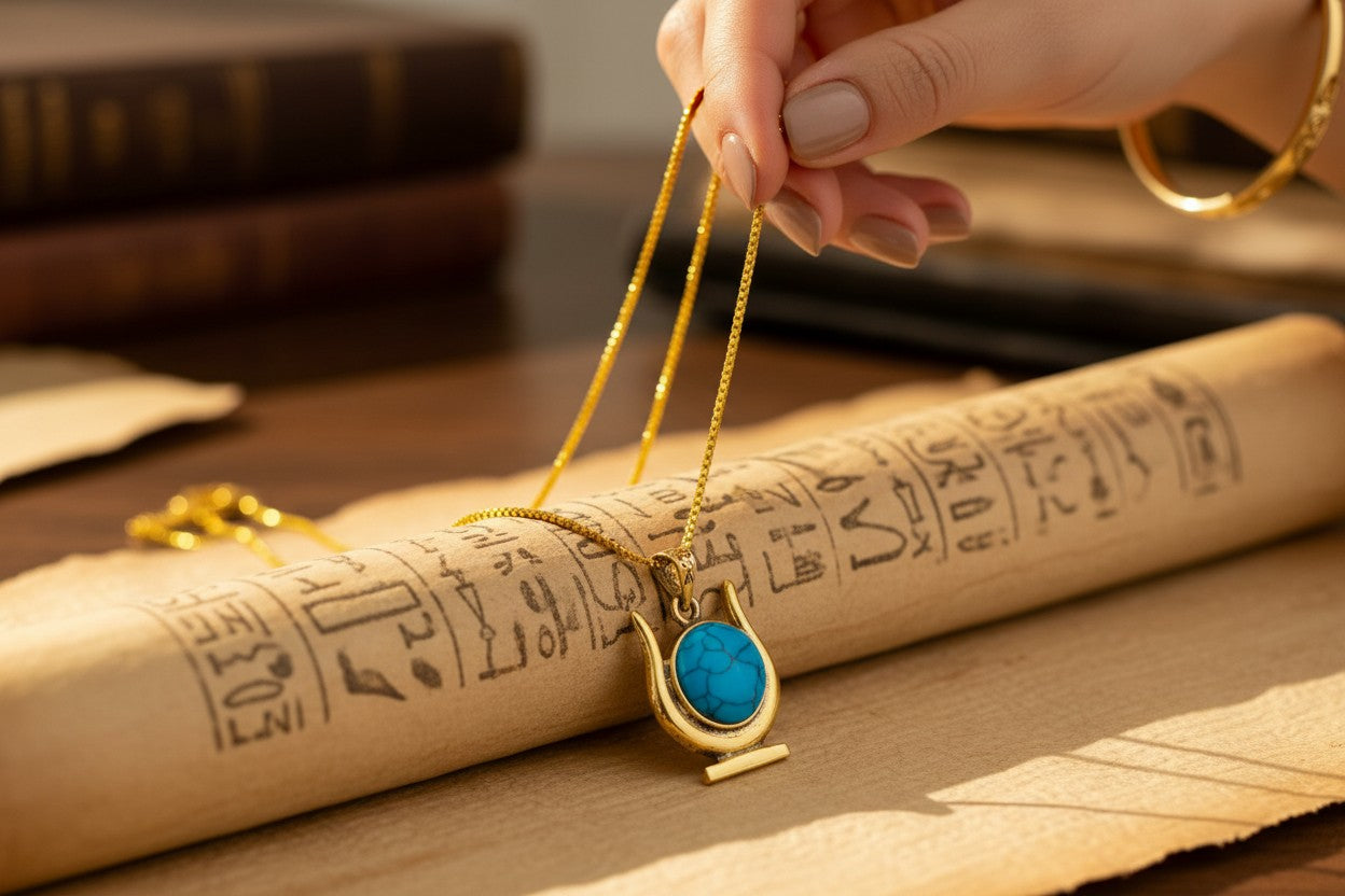 Gold Hathor Turquoise Crown Horns Necklace, Egyptian Goddess Jewelry, Ancient Egypt Pendant, Spiritual Talisman Gift for Her