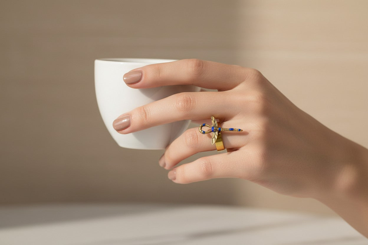 Gold Winged Ankh Ring, Lapis Lazuli Egyptian Jewelry, Key of Life Statement Ring