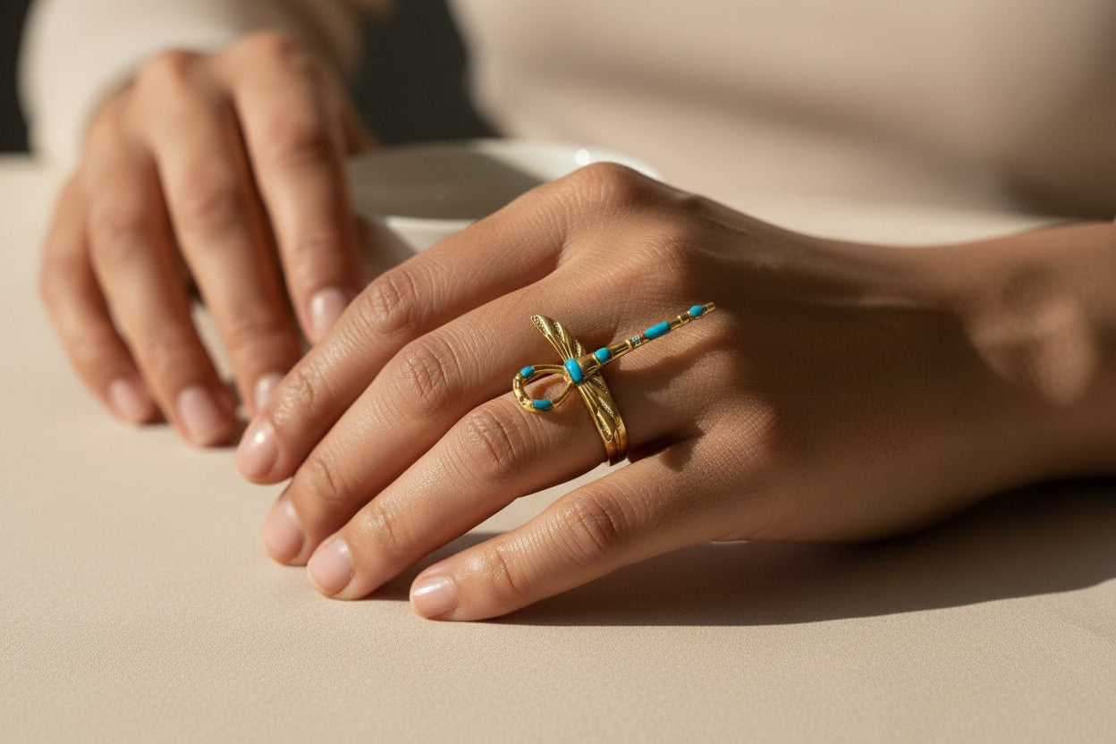 Gold Winged Ankh Ring, Ancient Egyptian Key Of Life Jewelry, Turquoise Statement Ring, Spiritual Talisman Gift For Her Him