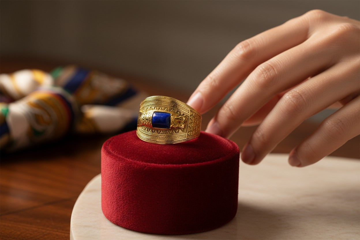 Gold Ramses Duck Ring, Ancient Egyptian Inspired Cuff Jewelry, Lapis Lazuli Statement Ring