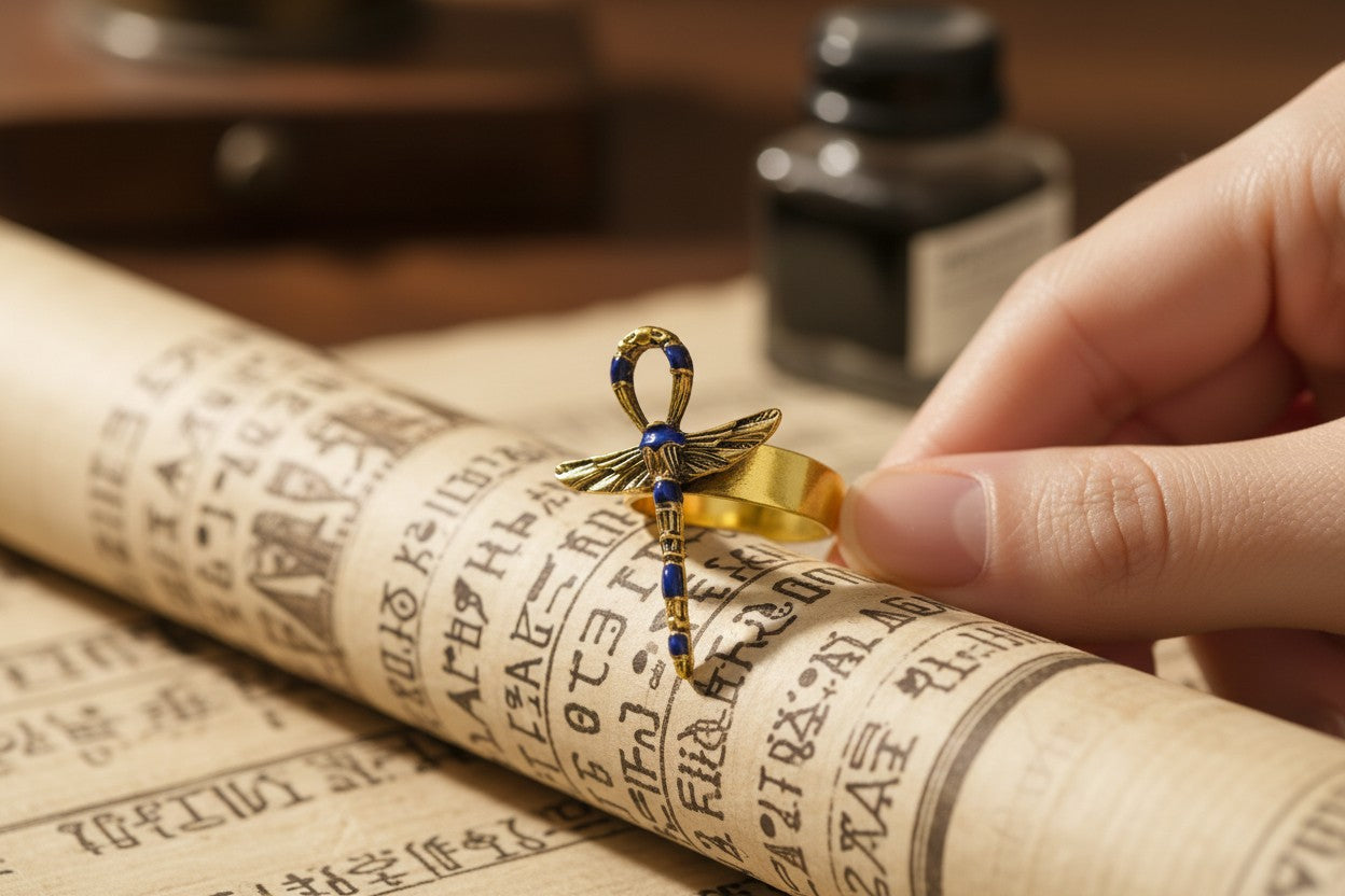 Gold Winged Ankh Ring, Lapis Lazuli Egyptian Jewelry, Key of Life Statement Ring