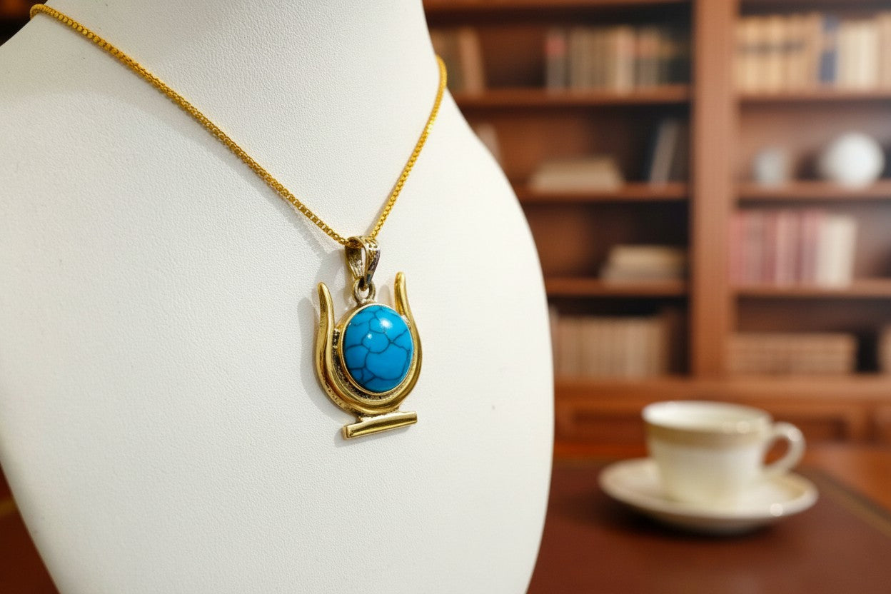 Gold Hathor Turquoise Crown Horns Necklace, Egyptian Goddess Jewelry, Ancient Egypt Pendant, Spiritual Talisman Gift for Her