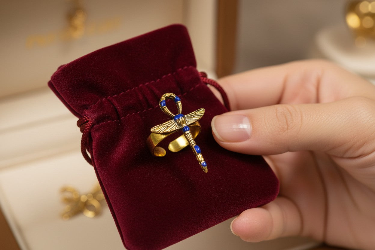 Gold Winged Ankh Ring, Lapis Lazuli Egyptian Jewelry, Key of Life Statement Ring