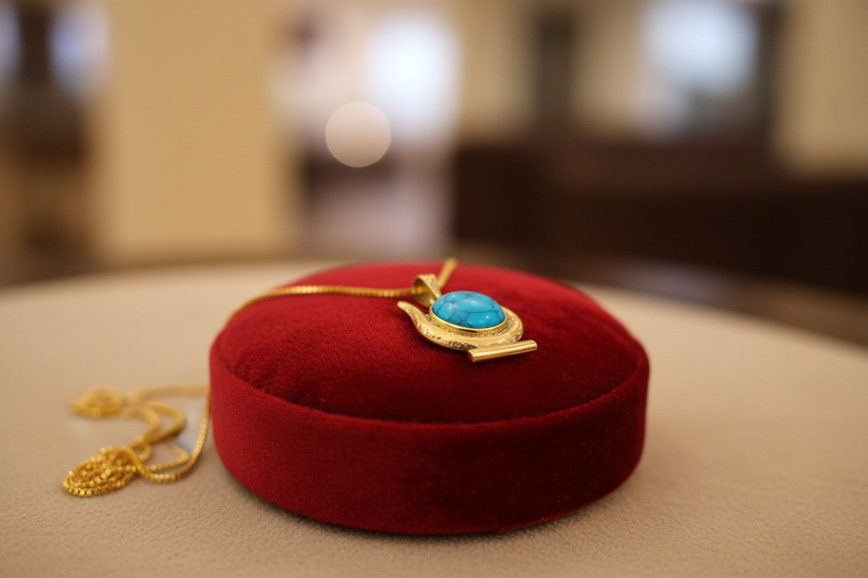 Gold Hathor Turquoise Crown Horns Necklace, Egyptian Goddess Jewelry, Ancient Egypt Pendant, Spiritual Talisman Gift for Her