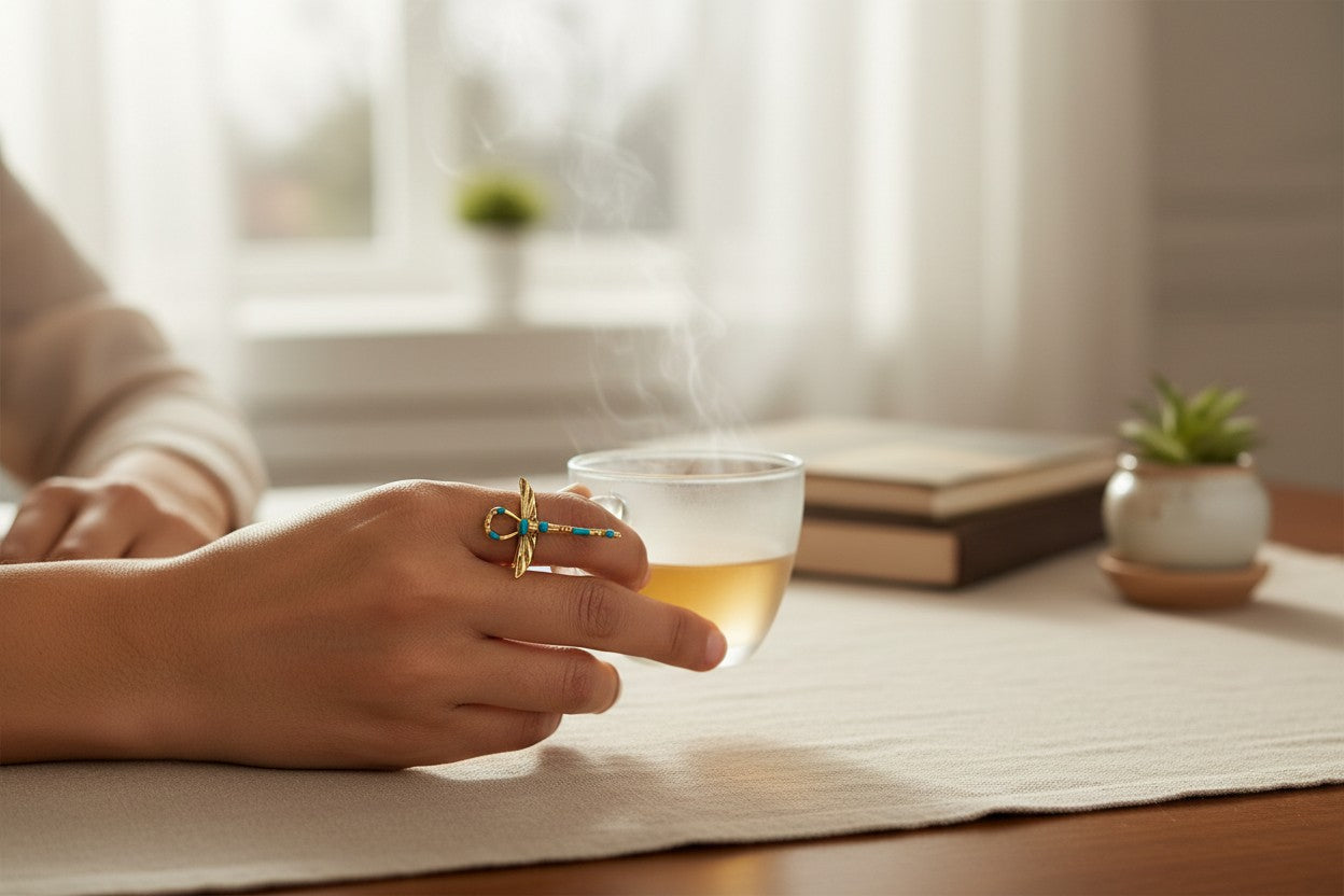 Gold Winged Ankh Ring, Ancient Egyptian Key Of Life Jewelry, Turquoise Statement Ring, Spiritual Talisman Gift For Her Him