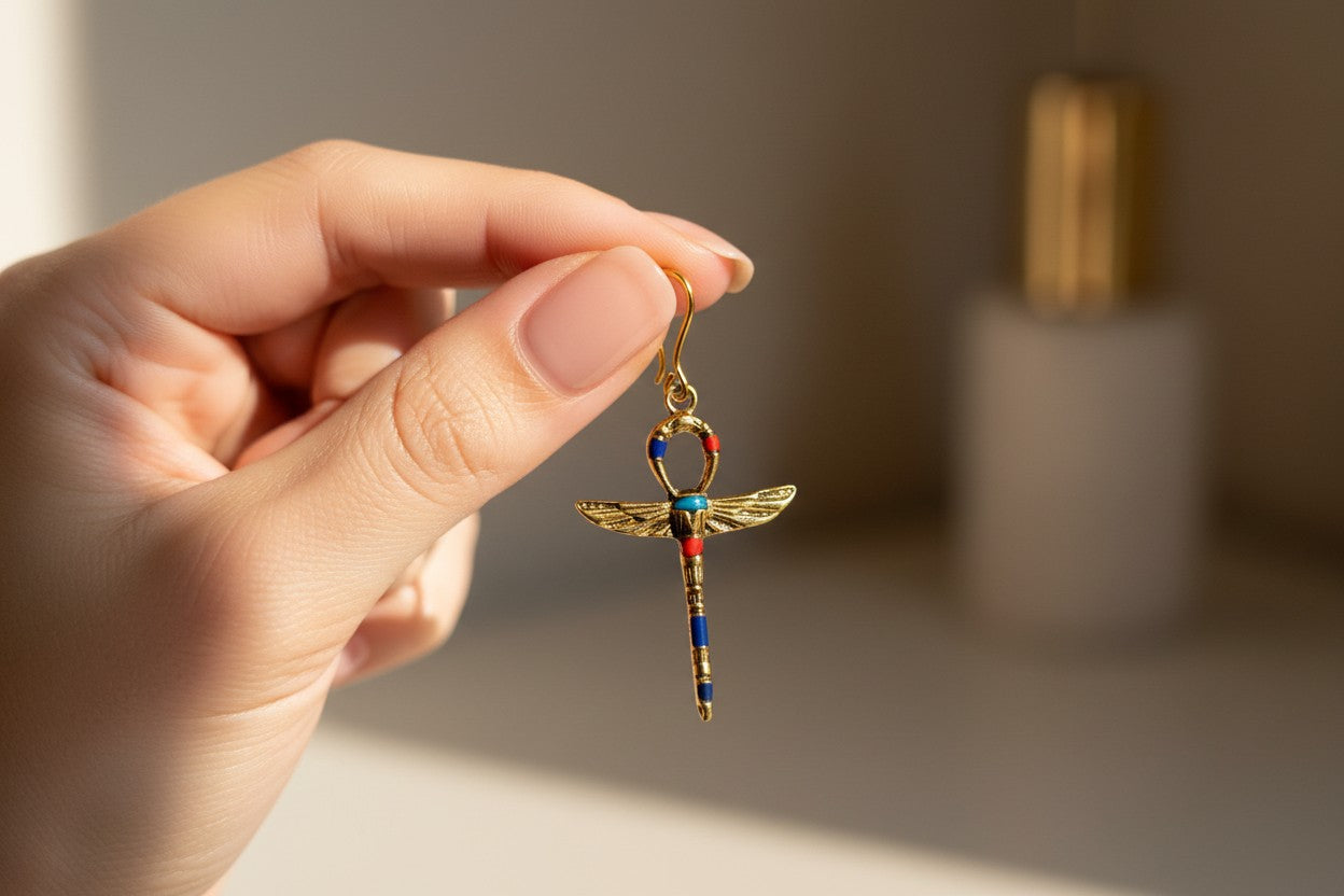Gold Winged Ankh Earrings, Colorful Stone Jewelry, Ancient Egyptian Key Of Life Earrings, Spiritual Boho Gift For Her
