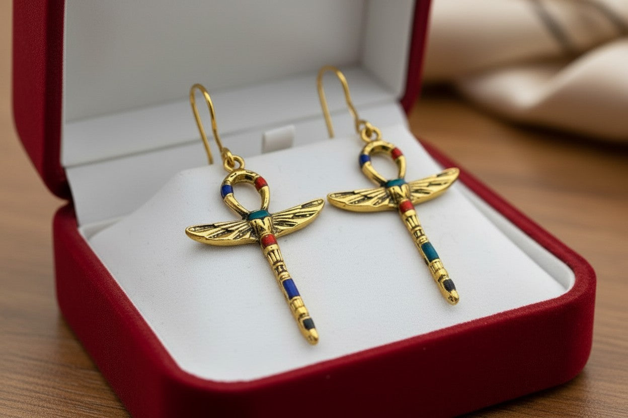 Gold Winged Ankh Earrings, Colorful Stone Jewelry, Ancient Egyptian Key Of Life Earrings, Spiritual Boho Gift For Her