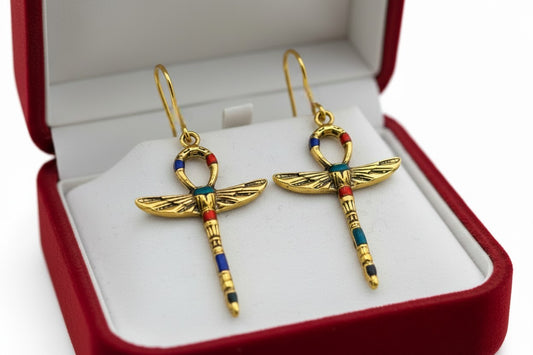 Gold Winged Ankh Earrings, Colorful Stone Jewelry, Ancient Egyptian Key Of Life Earrings, Spiritual Boho Gift For Her