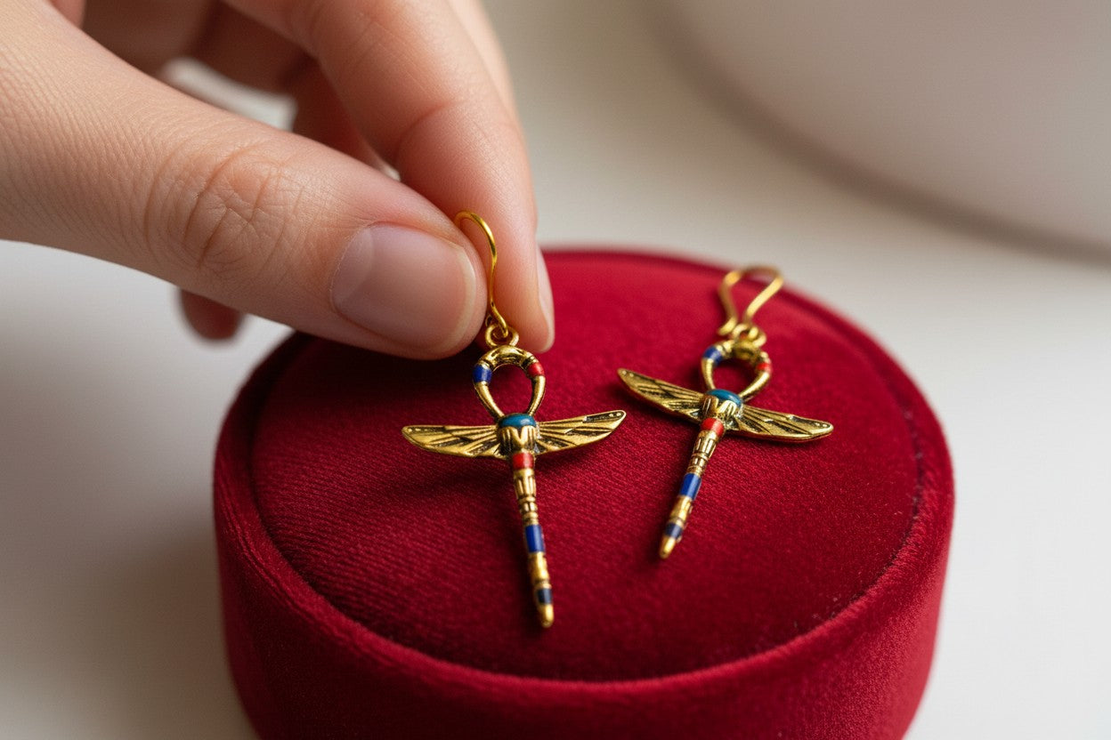 Gold Winged Ankh Earrings, Colorful Stone Jewelry, Ancient Egyptian Key Of Life Earrings, Spiritual Boho Gift For Her