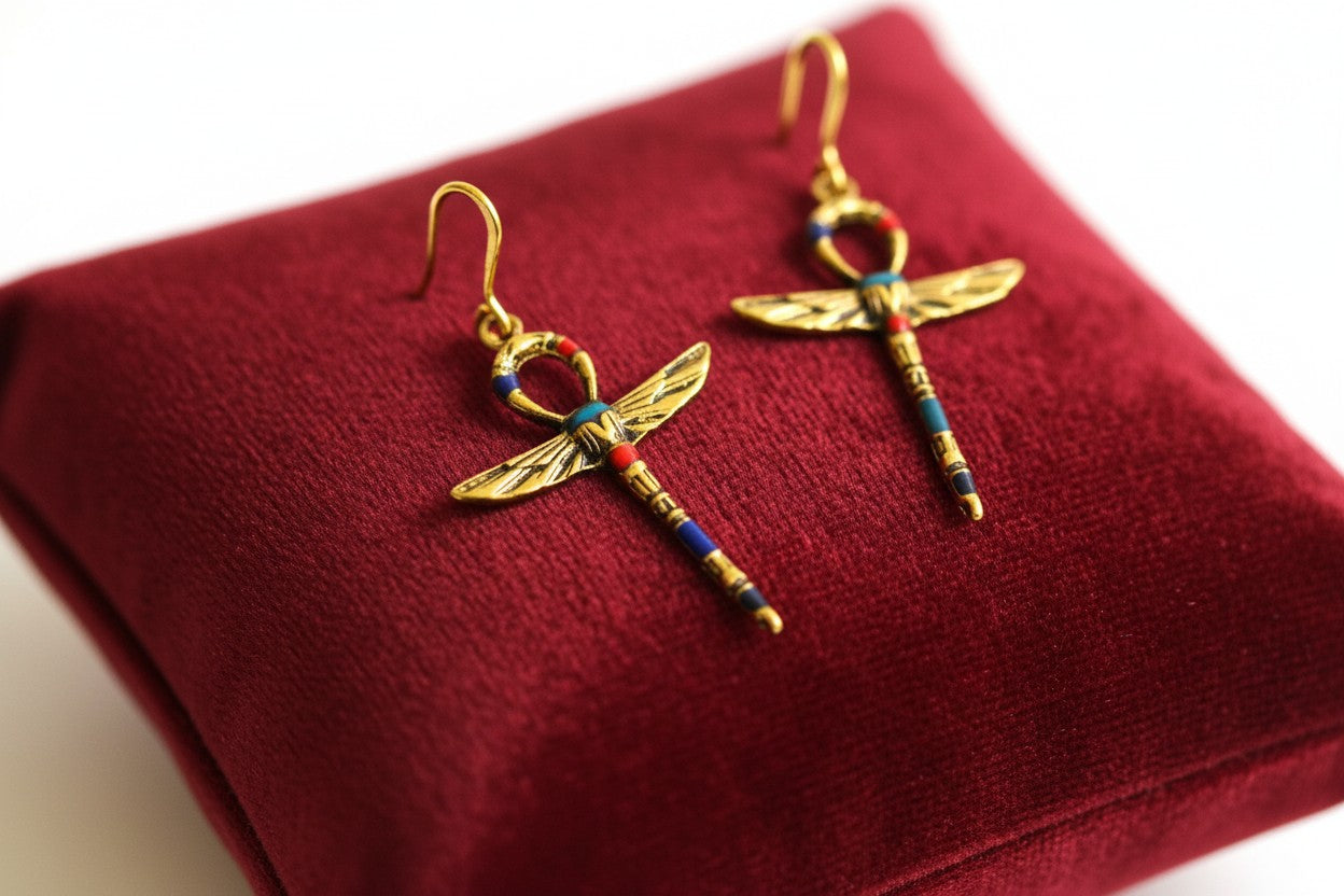Gold Winged Ankh Earrings, Colorful Stone Jewelry, Ancient Egyptian Key Of Life Earrings, Spiritual Boho Gift For Her