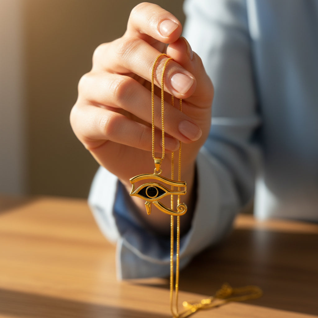 Gold Eye of Horus Pendant, Egyptian Revival Talisman Jewelry